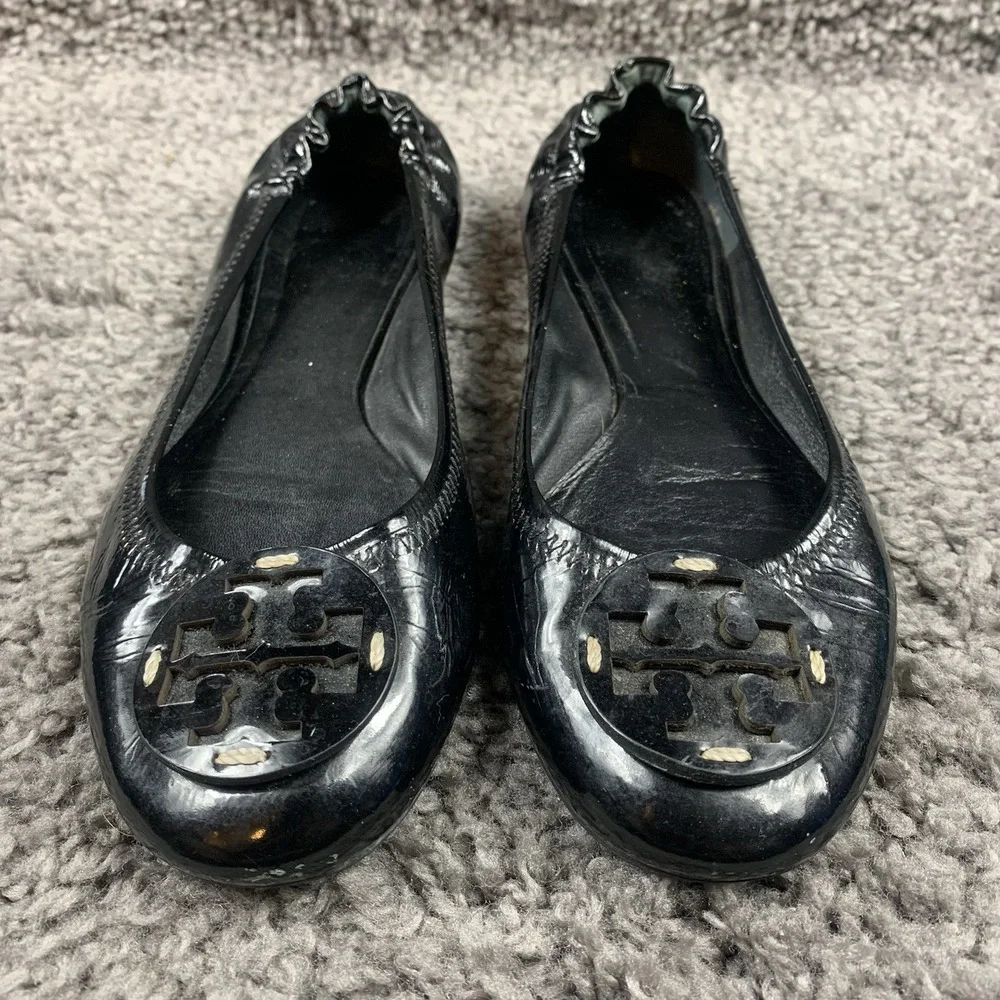 TORY BURCH Reva Ballerina Ballet Flats Black Patent Leather Size 8 M
